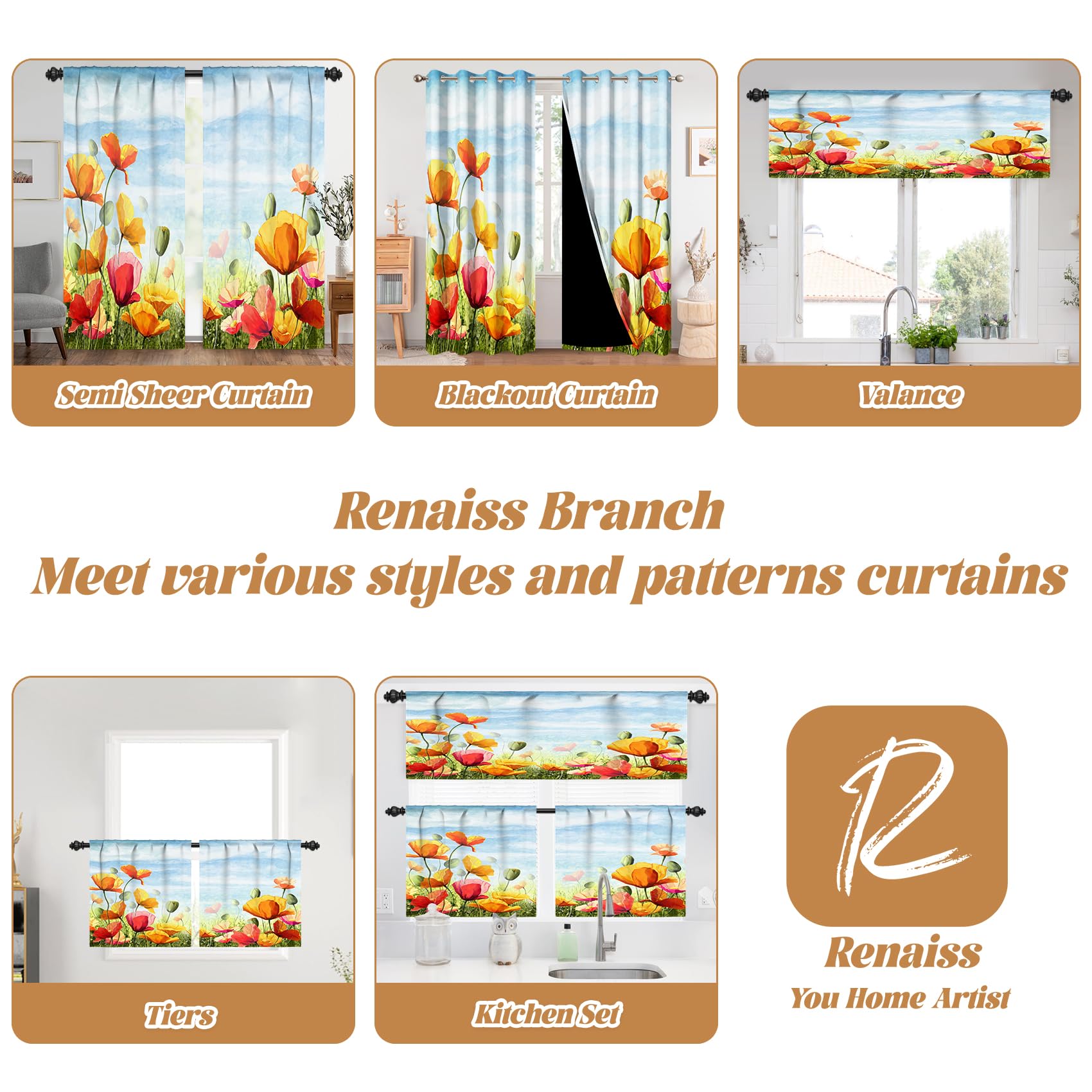 Renaiss 26 x 36 Inch Colorful Tulip Floral Small Kitchen Curtains Watercolor Garden Flower Spring Bathroom Half Window Treatment Drapes Plant Blue Sky RV Camper Darking Privacy Curtain Linen 2 Panels - Image 7