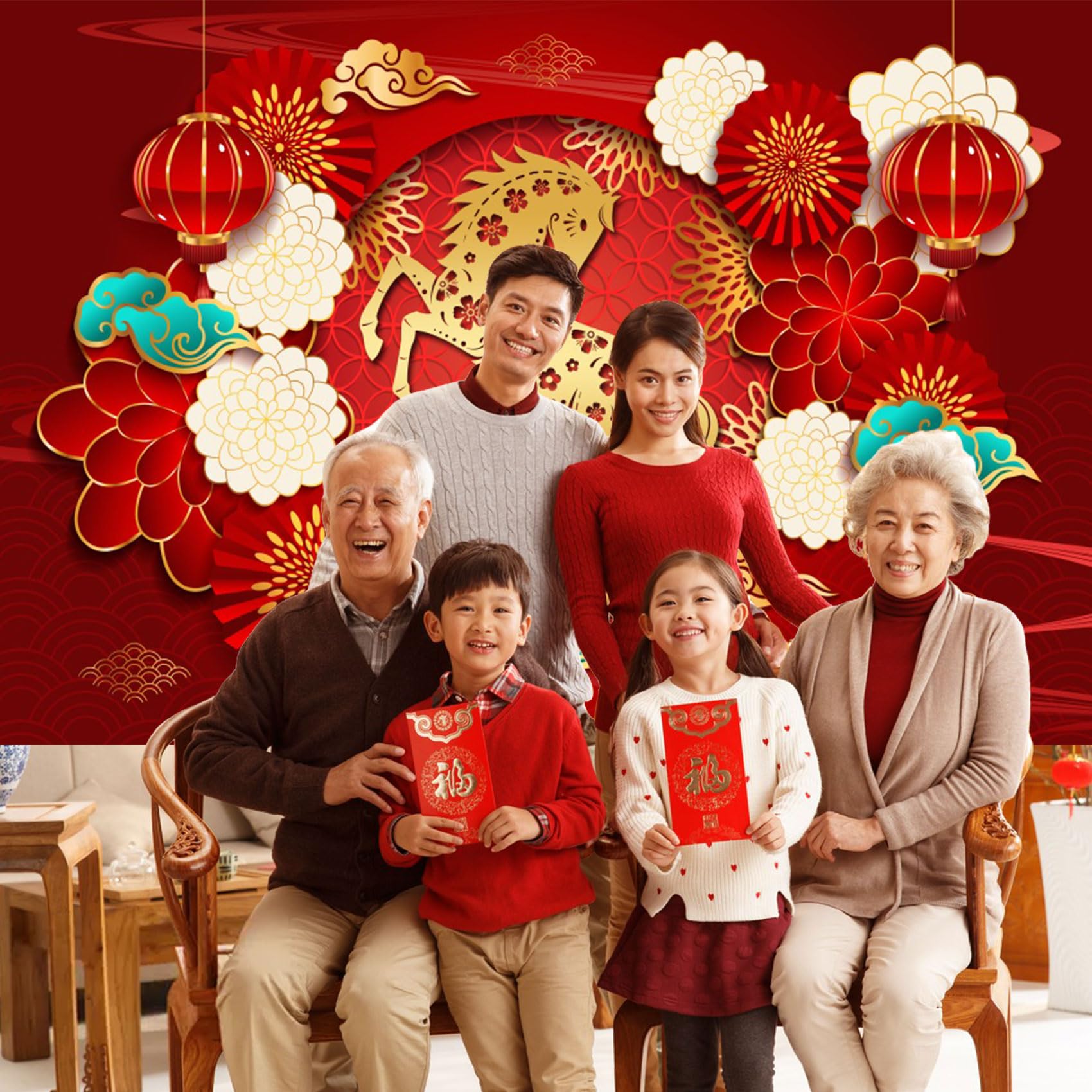 Renaiss 5x3ft Happy Chinese New Year Backdrop Year of The Horse Spring Festival Banner Gold Horse Lucky Clouds Flowers Background Chinese Birthday Lantern Festival Party Decors Photo Studio Props - Image 4