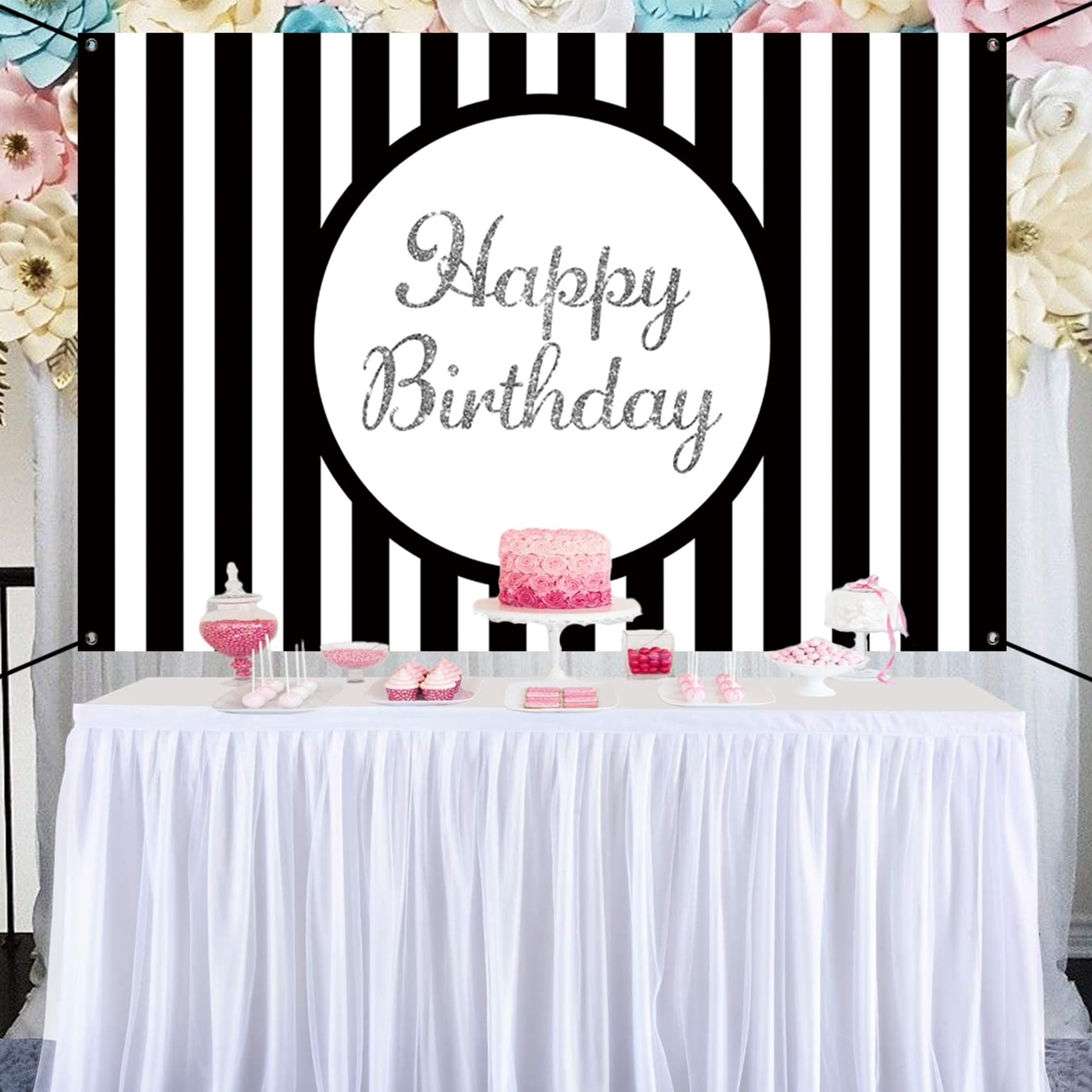 Renaiss 6x3.6ft Happy Birthday Banner Black And White Stripe Party Decoration Black And White Striped Poster Classical Style Wallpaper Background Kids Yard Sign - Image 9