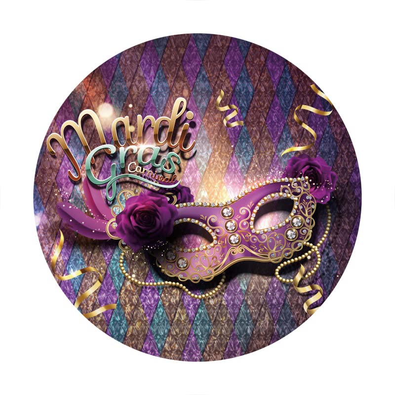 Renaiss 7x7ft Mardi Gras Round Backdrop Covers for Photoshoot Portrait Golden Purple Diamond Check Rose Mask Circle Photography Background Masquerade Carnival Dress-up Party Decor Photo Booth Prop - Image 4